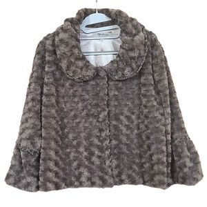 Melady Grey Faux Fur A Line Flare 3/4 Sleeves Crochet Trim Jacket Size M-L